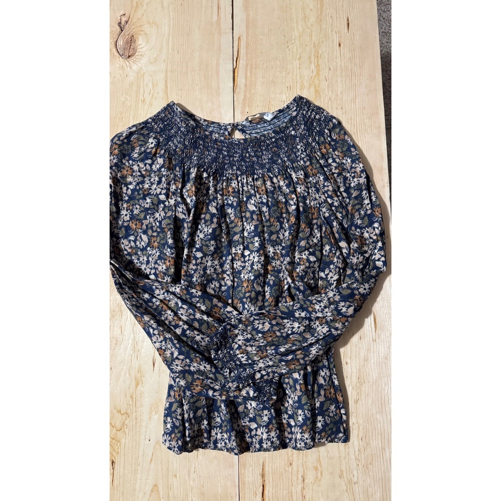 Sonoma Goods For Life Navy Floral Smocked Peasant Blouse XL Long Sleeve‎ Rayon